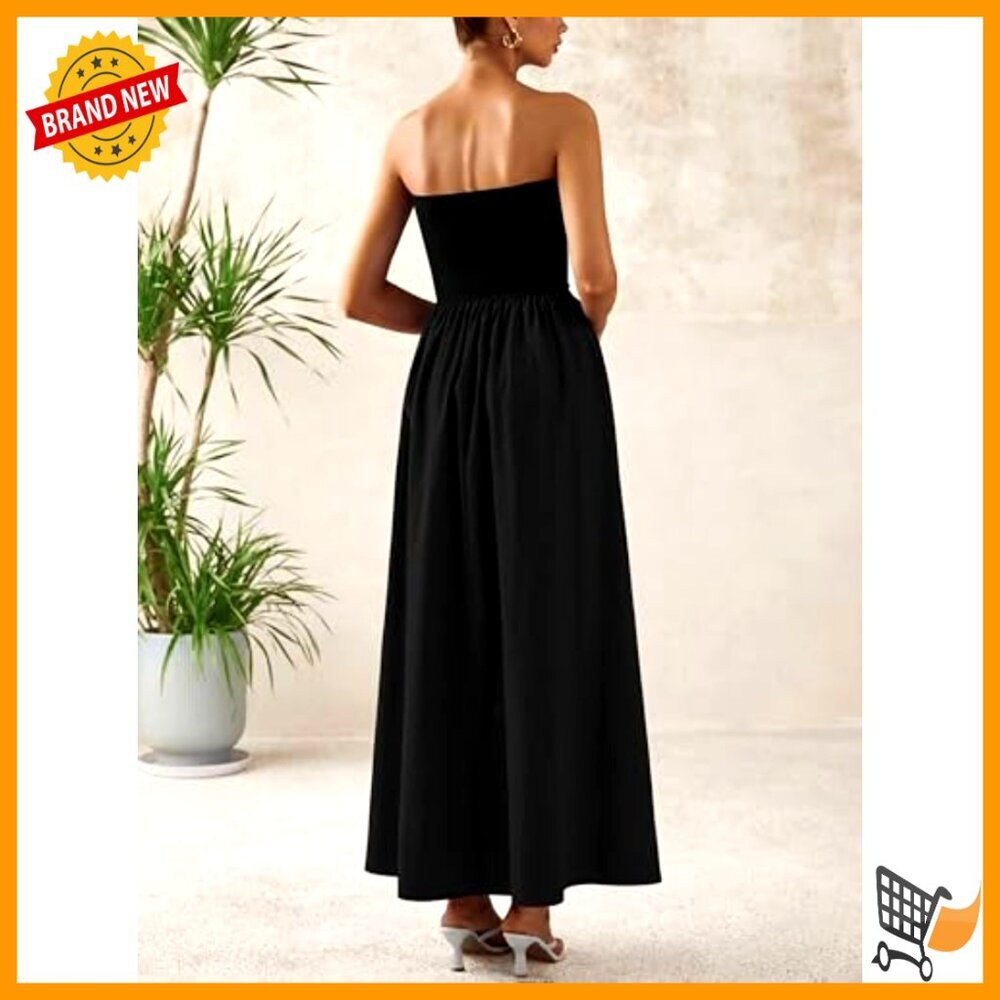 Strapless Maxi Dress A-Line Flowy Formal Wedding Party Cocktail Summer - Picture 6 of 7